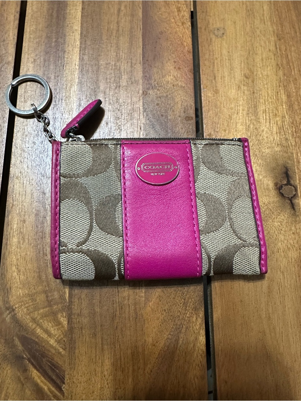 COACH Brown Signature Canvas Key Card Holder with Pink Trim